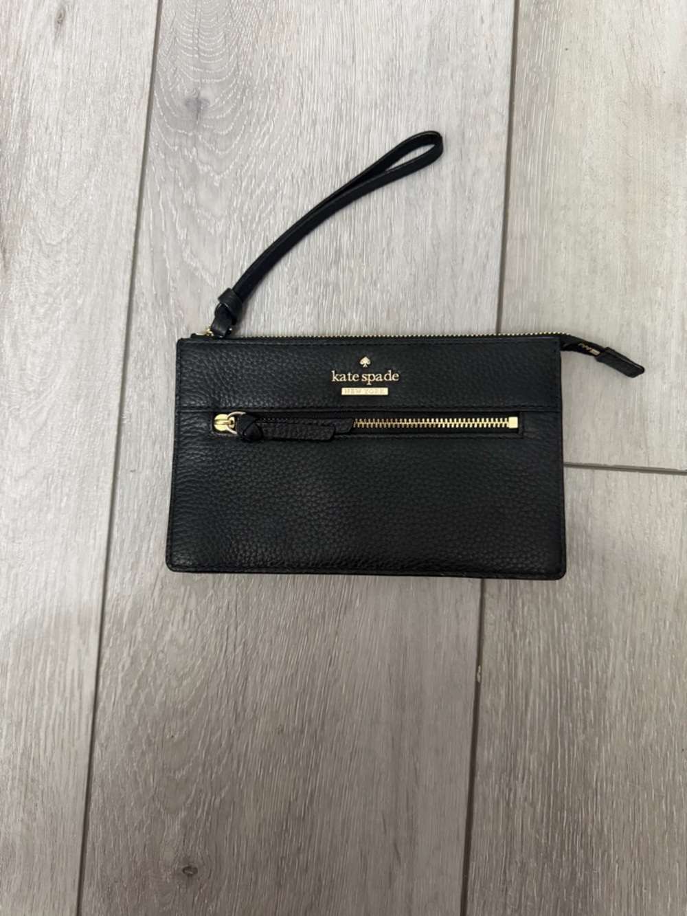kate spade Black Leather Zip Wristlet with Gold Hardware